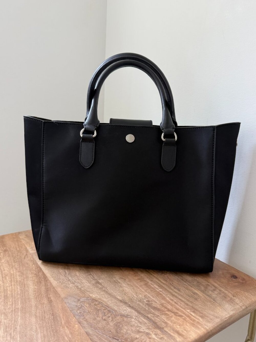 RUDSAK Black Sateen Nylon & Leather Trim Top Handle Tote Bag Work Briefcase